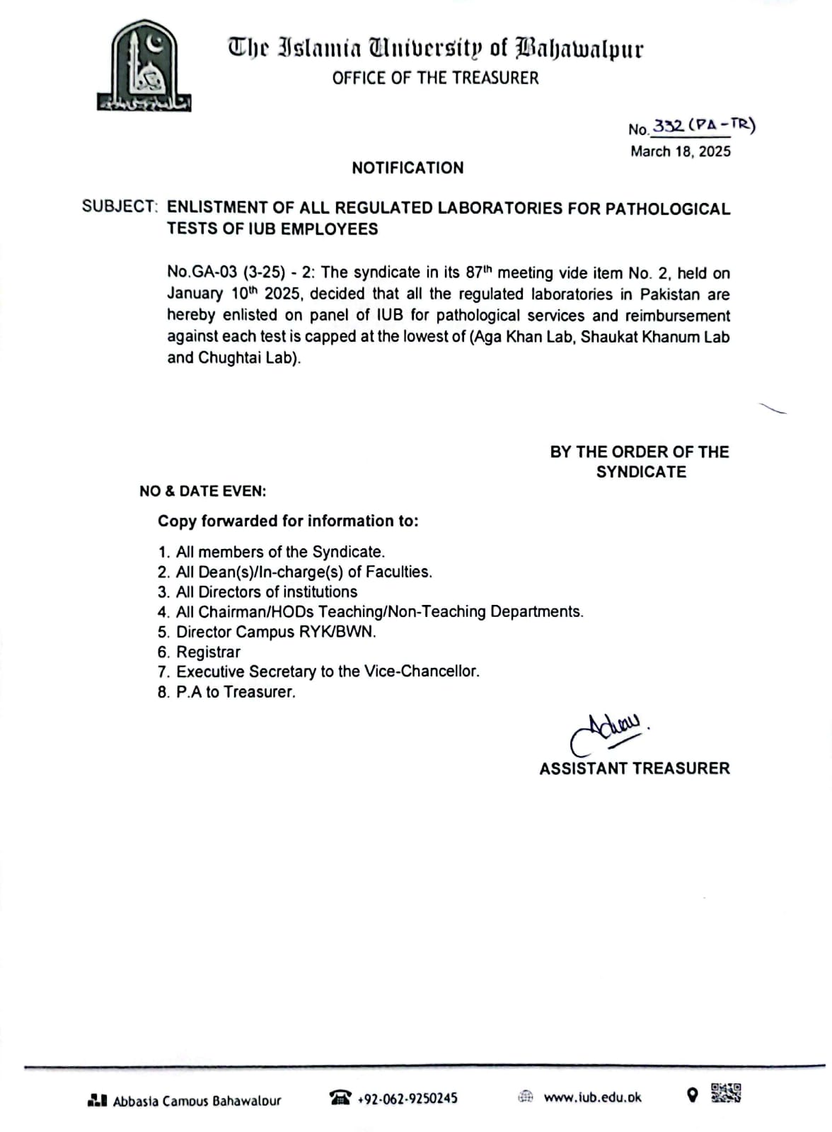 Enlistment of all regulated bodies for pathological tests of IUB Employees