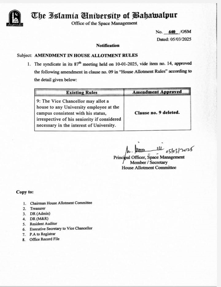 Notification: Amendment in House Allotment Rules