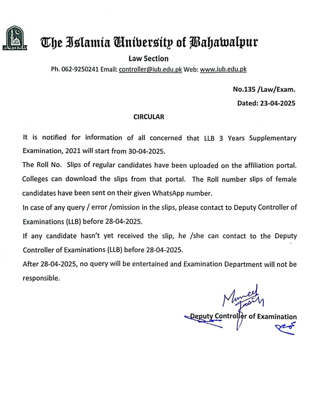 Circular: Regarding LLB 3-Year Supplementary Examination 2021