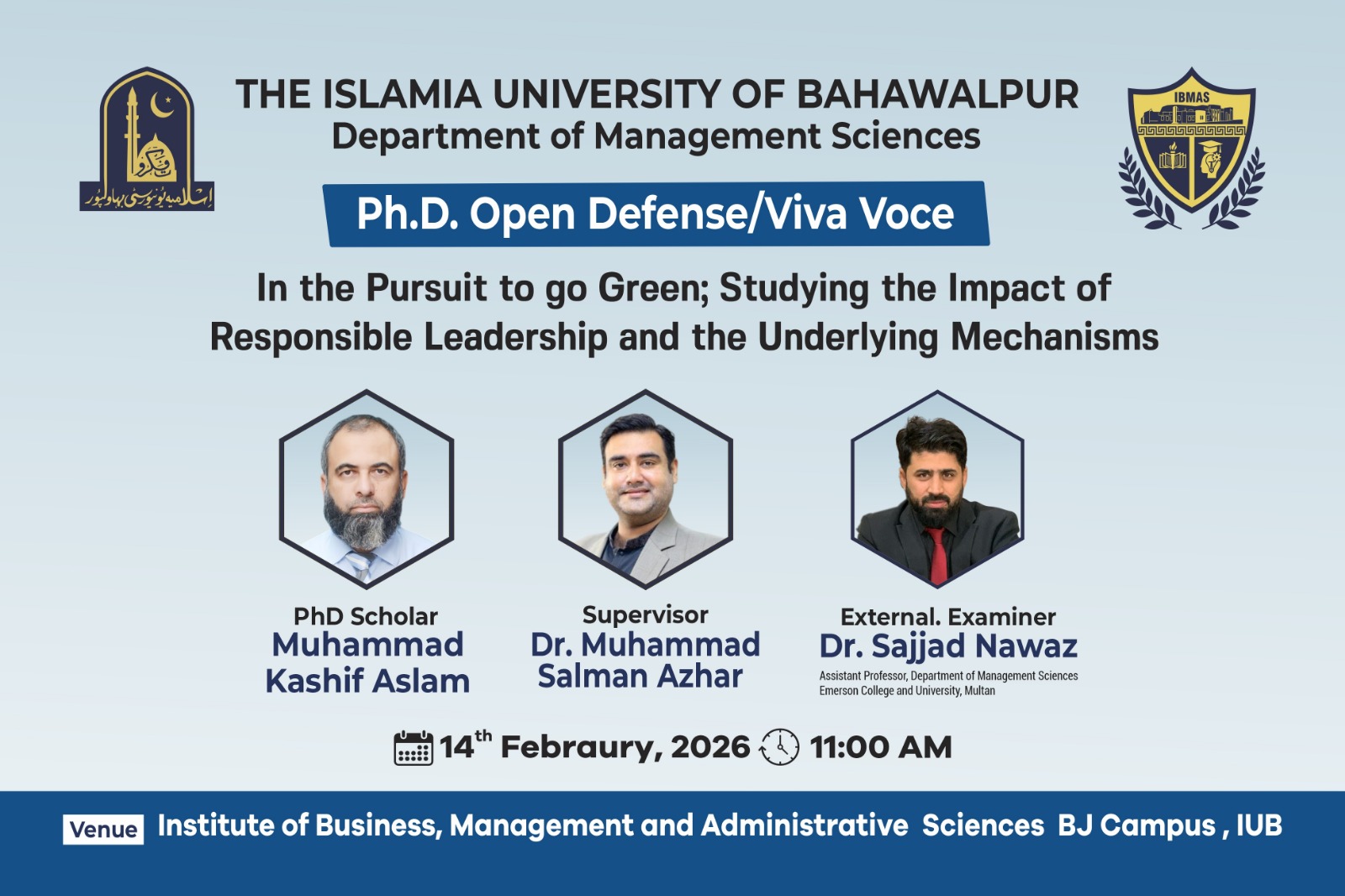 IBMAS PhD scholar Muhammad Kashif Aslam will defend his thesis on February 14, 2026.