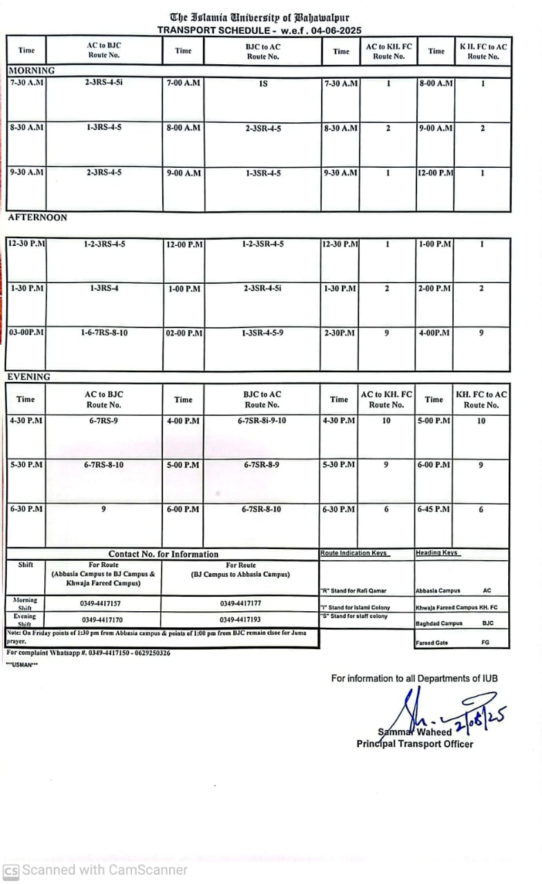 Transport Schedule w.e.f. 04 June 2025