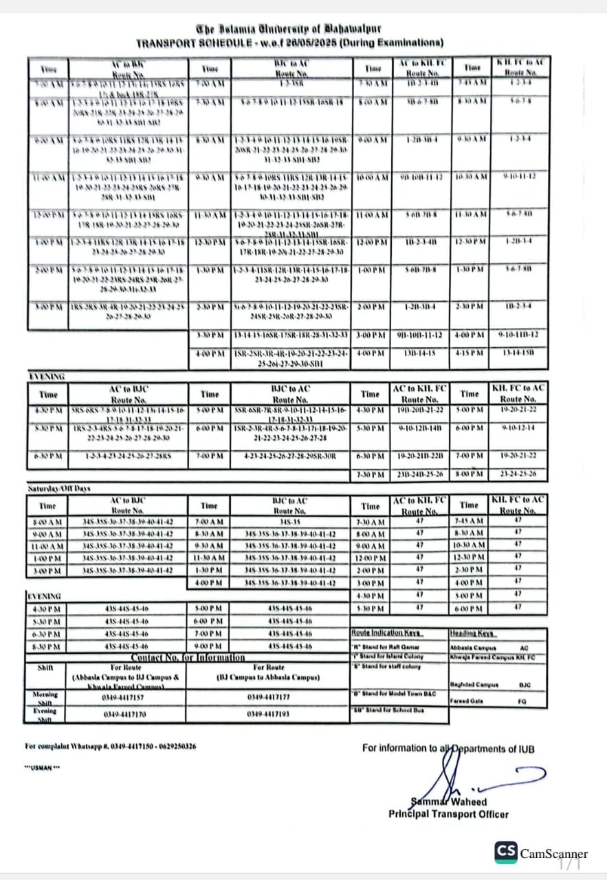 Transport Schedule - w.e.f 26/05/2025 (During Final Terms Examinations)