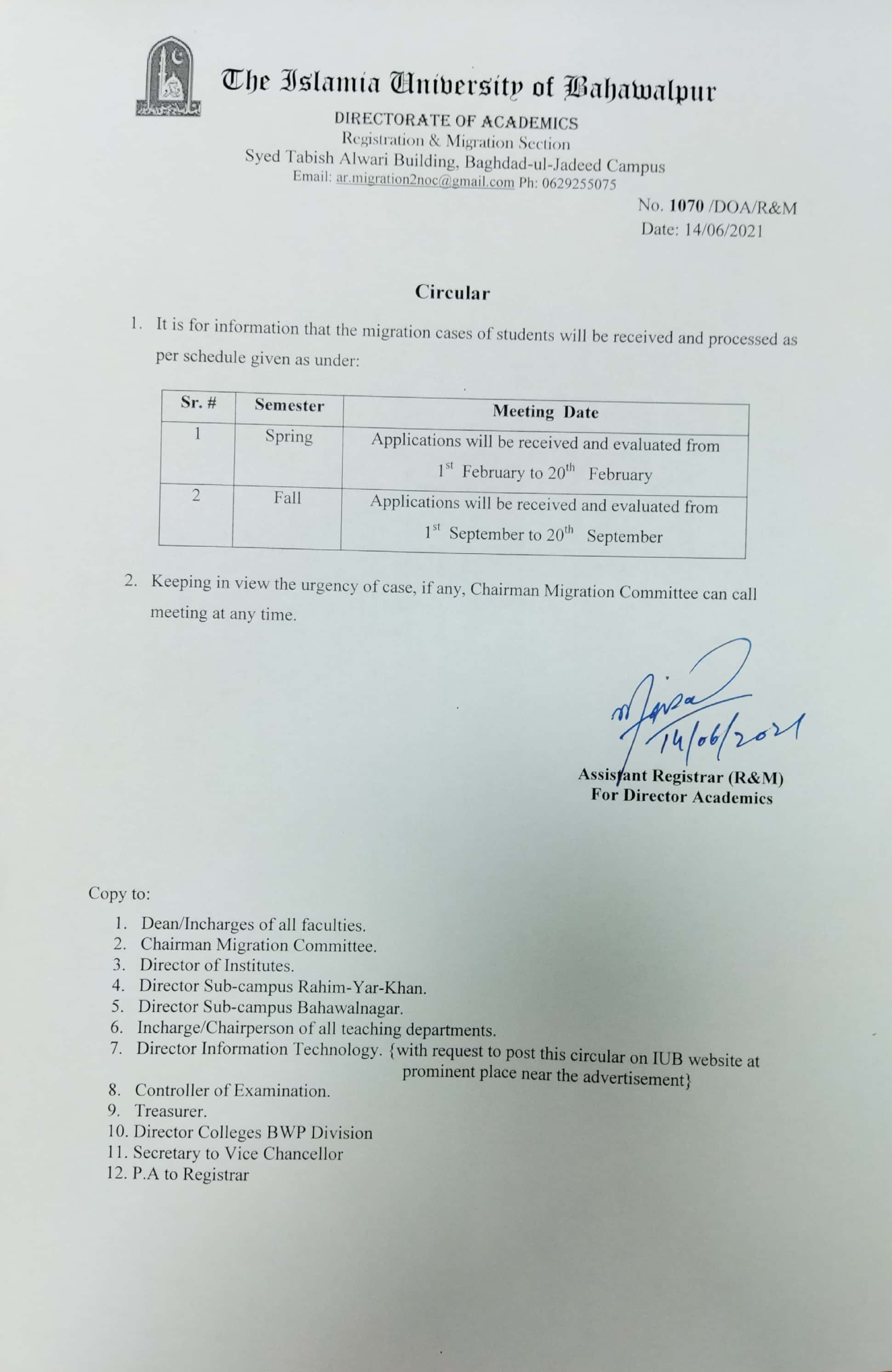 Circular for Migration Meetigs