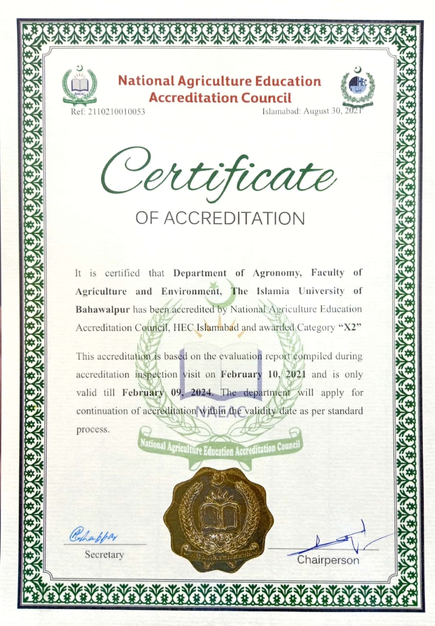 The NAEAC of the HEC has Given Accreditation to the Department of Agronomy