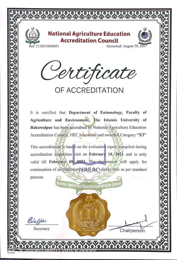 National Agriculture Education Accreditation Council of the HEC has given accreditation to the Department of Entomology