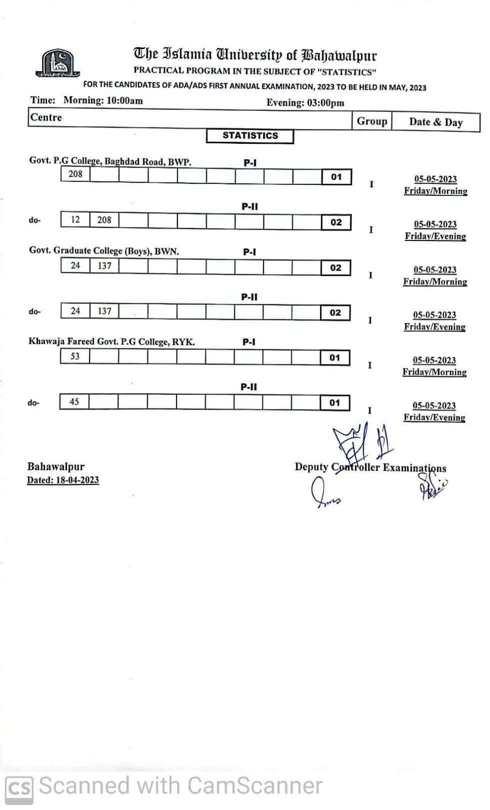 Practical Schedule - Statistics ADA ADS (Part I and II ), First Annual Examination 2023